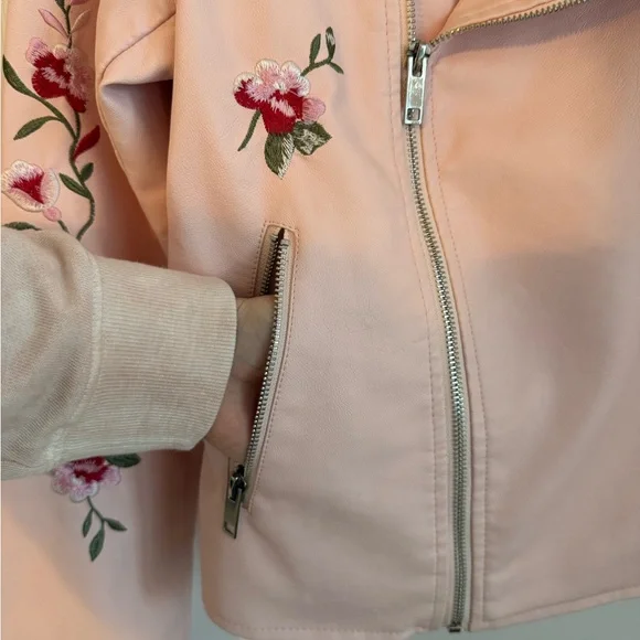 Kids 12 Pink Floral Embroidered faux leather  Jacket - Picture 4 of 8